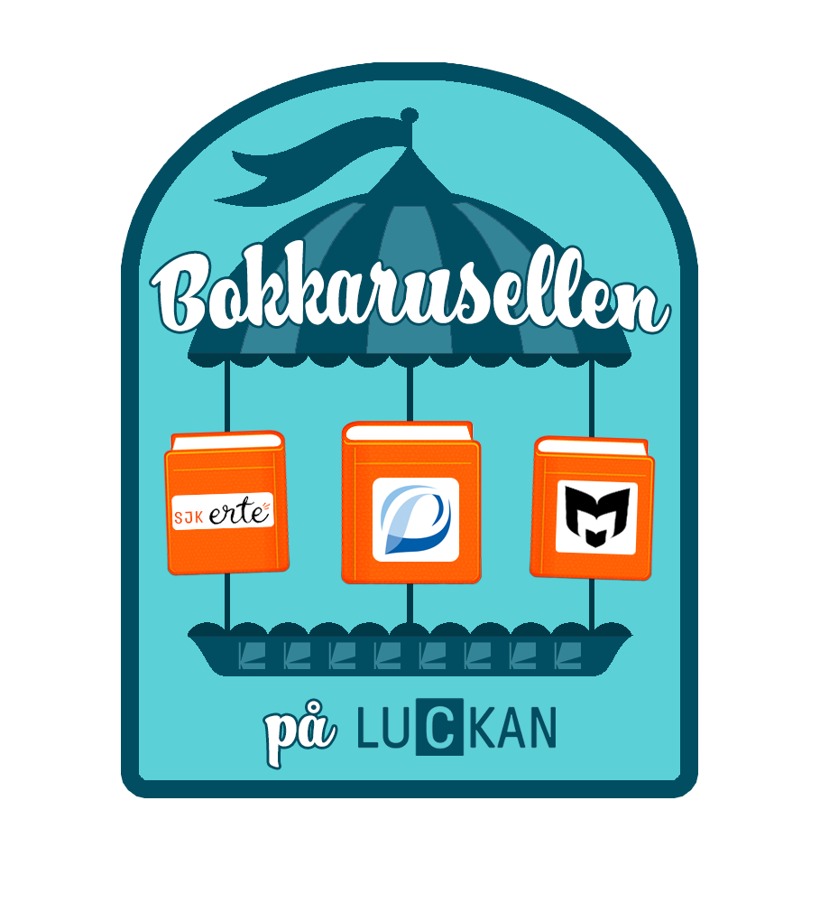 Bokkarusellens logo. En karusell där det står bokkarusellen och böcker med SJK Ertes, Regionfövatningsverkets logon och symbolen för de allmänna biblioeken. Bibliotekskanalens och Luckans logon nedanför.