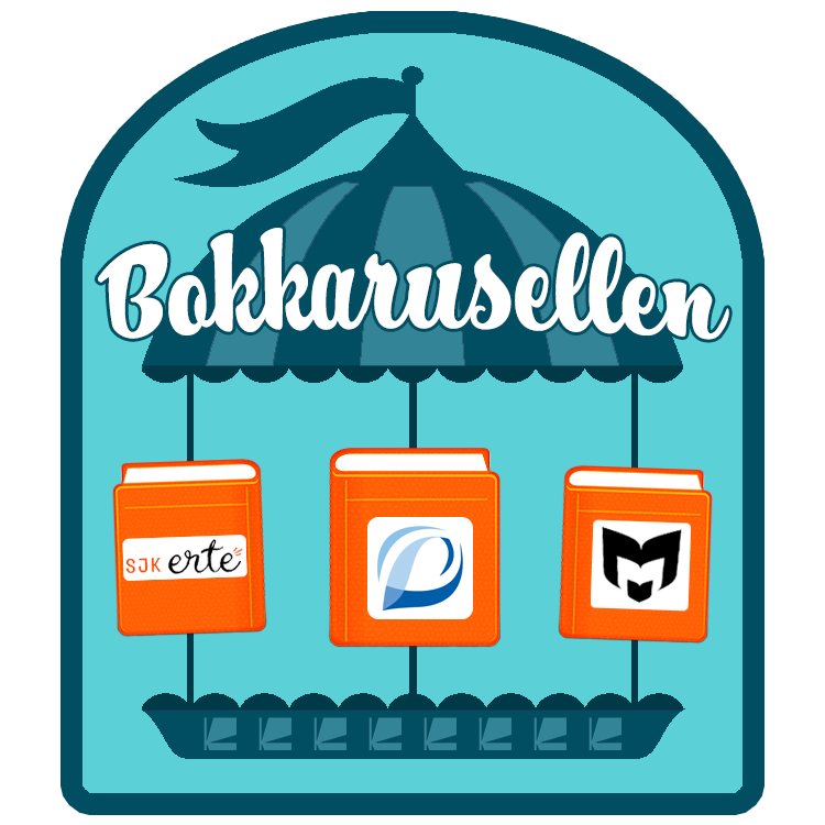 Bokkaruselllogo: Karusell med texten Bokkarusellen och logon för Erte, RFV, de allmänna biblioteken och Bibliotekskanalen